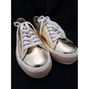 Michelle McDowell Gold Cruz Sneakers Size 8 Tennis Shoe Faux Leather Vegan Disco